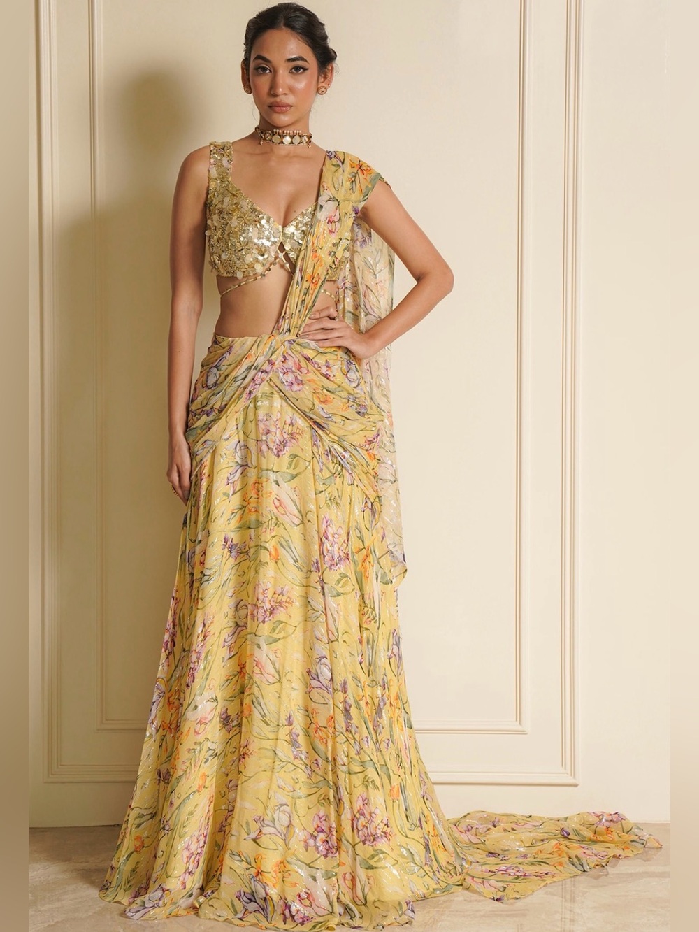 NWT Yellow chiffon printed ready to wear Saree size large